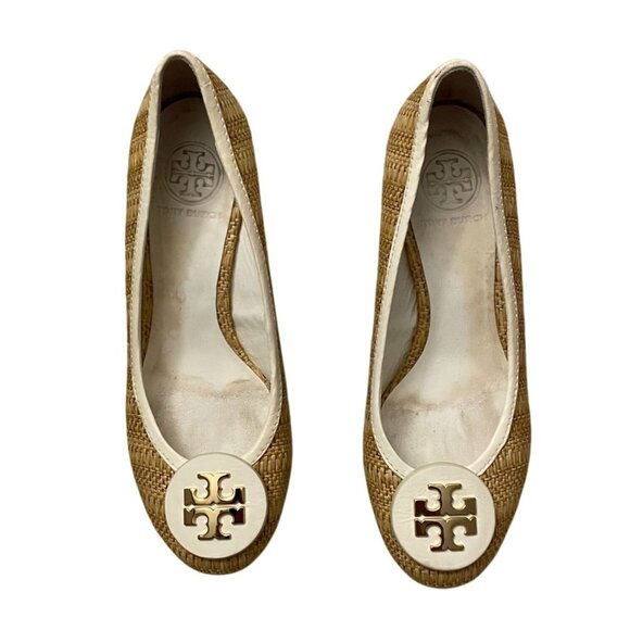 Tory Burch Sally Raffia Straw Pumps Wedge Sole Logo Women's 7.5M Beige - Picture 2 of 10